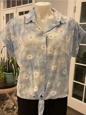 Mou Blue Daisy Tie-Front Button Down Shirt